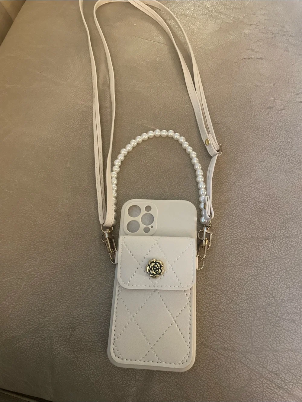 Brand New White Quilted Crossbody Phone Bag with Pearl Handle for iPhone 12 Pro